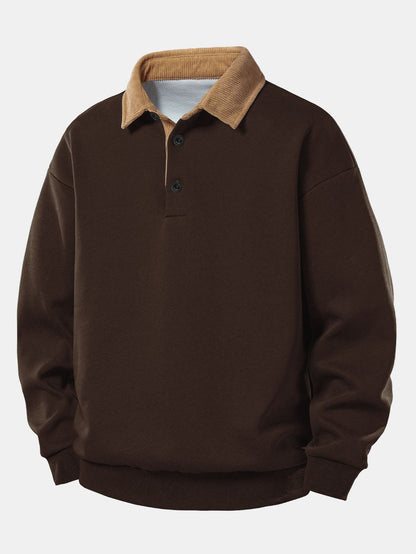 Men’s Relaxed Fit Contrast Corduroy Polo Collar Sweatshirt