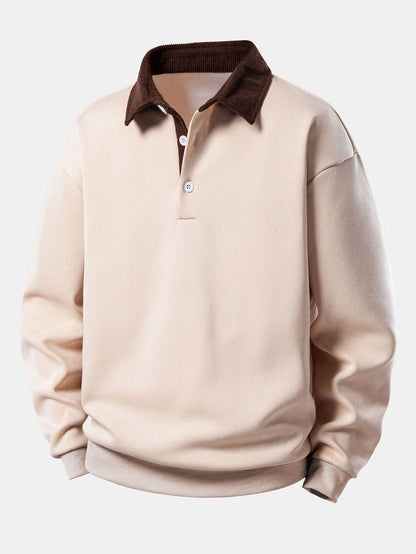 Men’s Relaxed Fit Contrast Corduroy Polo Collar Sweatshirt