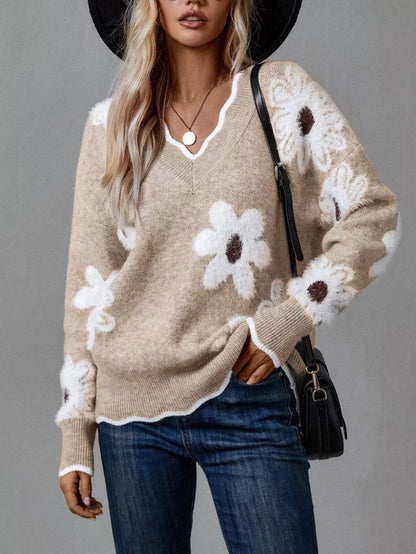Women’s Floral V-Neck Long Sleeve Sweater