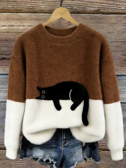 Women’s Cat Graphic Crewneck Pullover Sweater