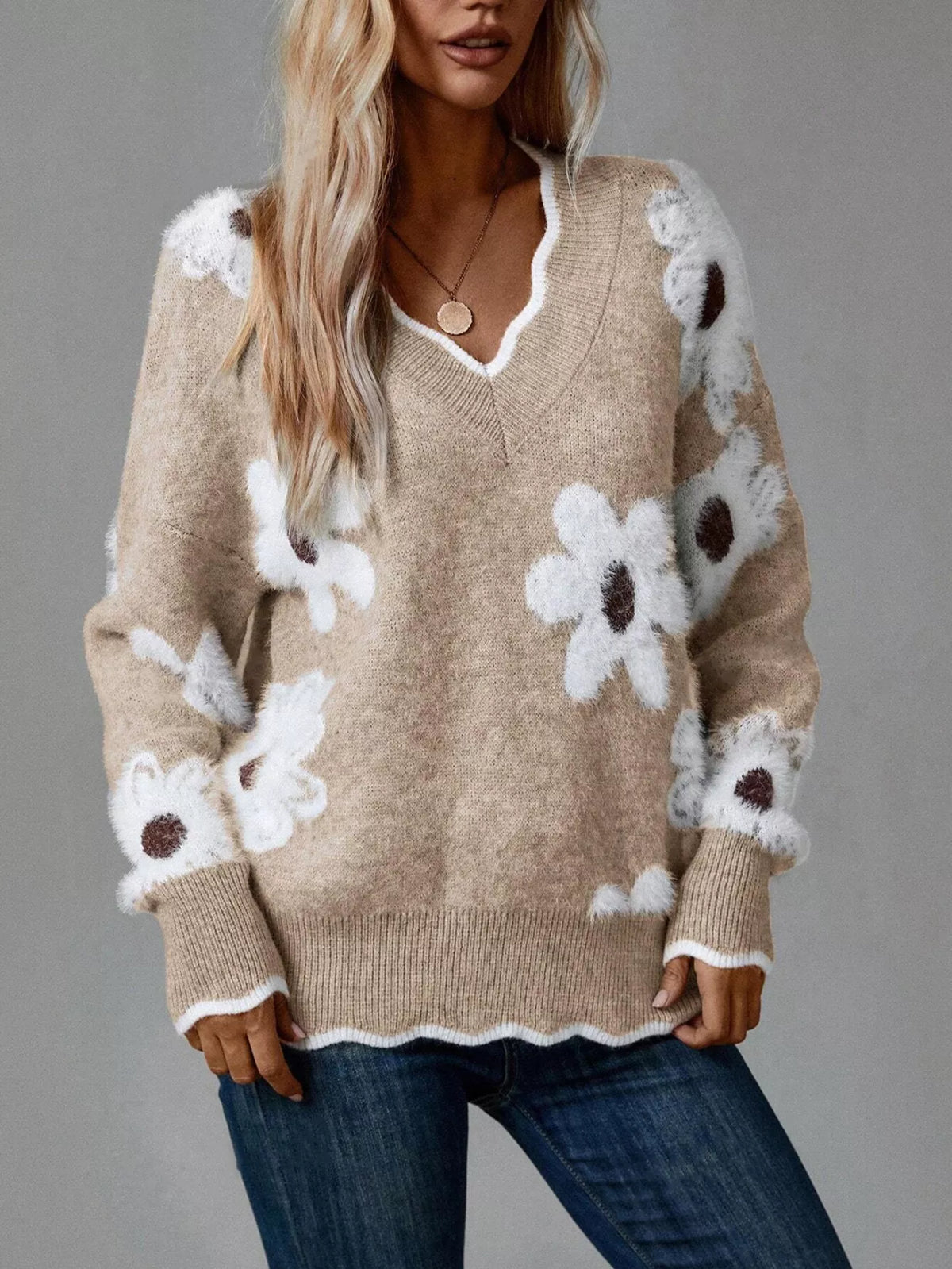 Women’s Floral V-Neck Long Sleeve Sweater