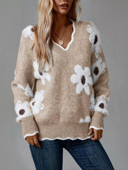 Women’s Floral V-Neck Long Sleeve Sweater